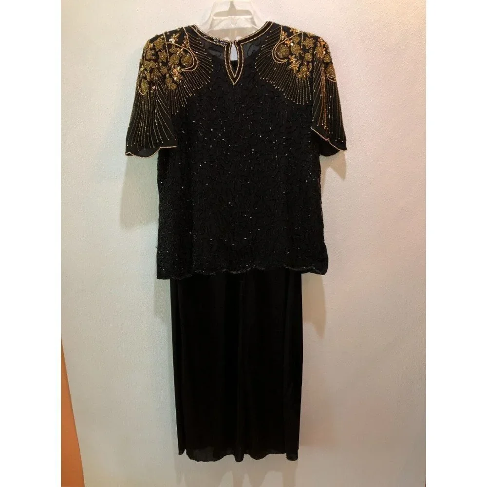 Praise Hymn Womens Small Black Gold Beaded Sequins Cocktail Party Formal Dress